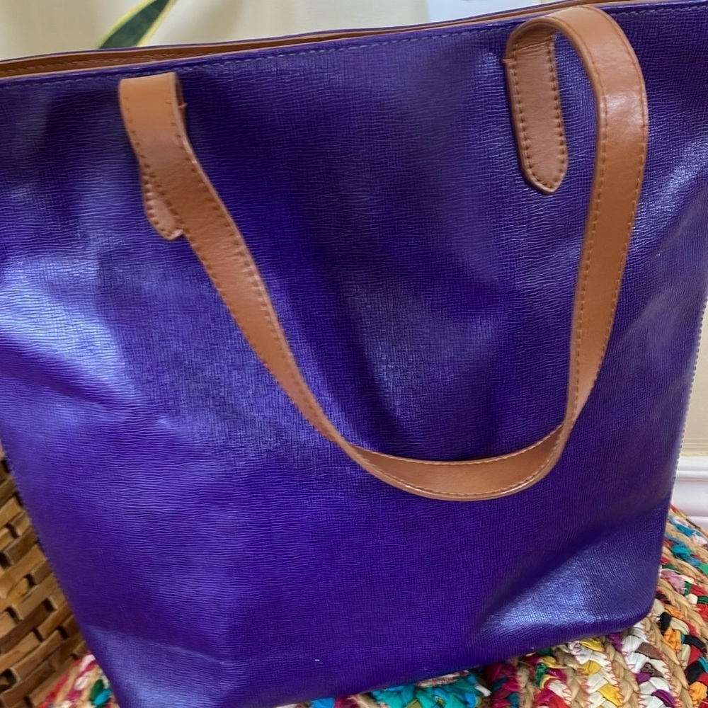Talbots Purple Tote Bag with Brown Tan Straps - Picture 5 of 5